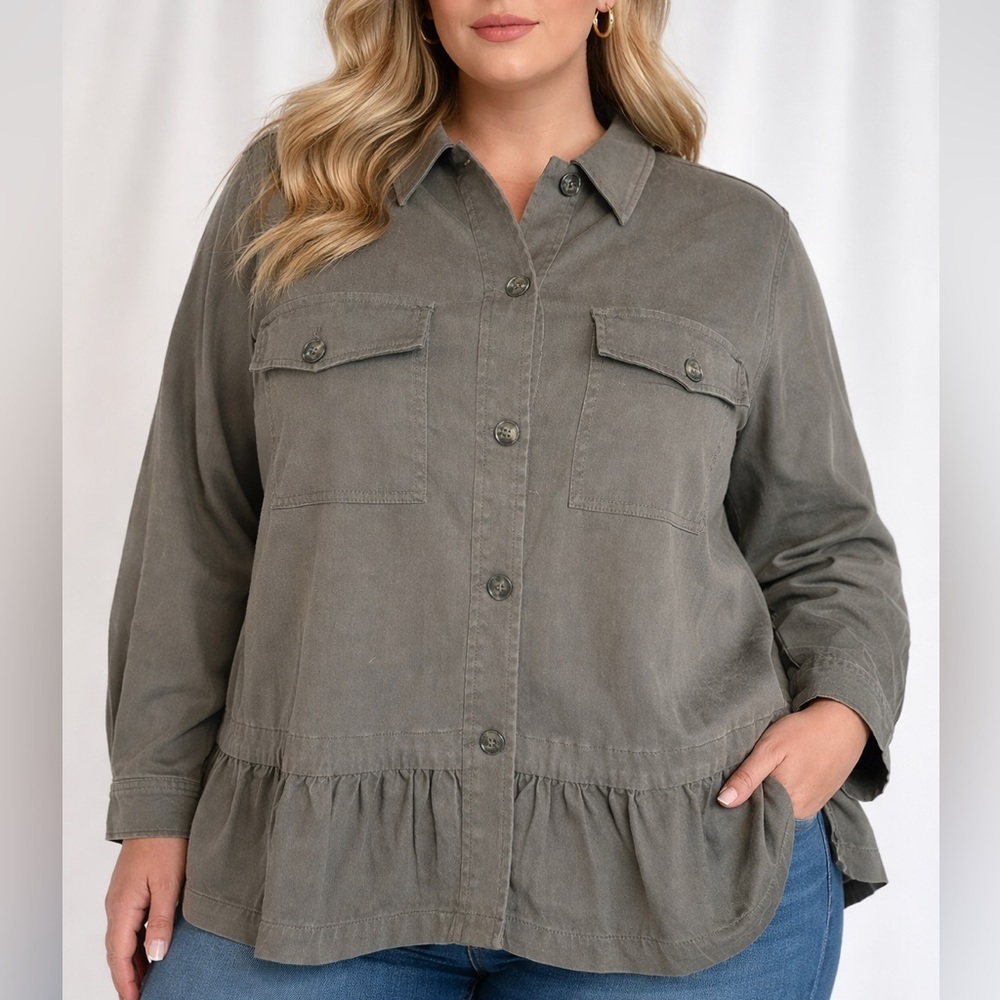 Liverpool Los Angeles Peplum Utility Button Shirt Jacket Olive Green 3X (1244)